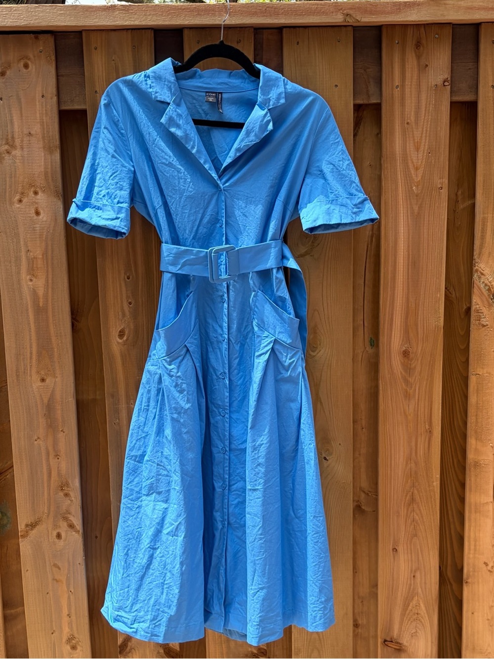 ICON Blue Short-Sleeve Midi Shirt Dress with Waist Tie